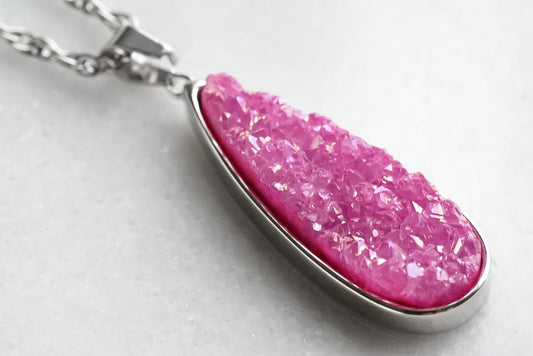 Druzy Collection - Silver Blush Quartz Drop Necklace