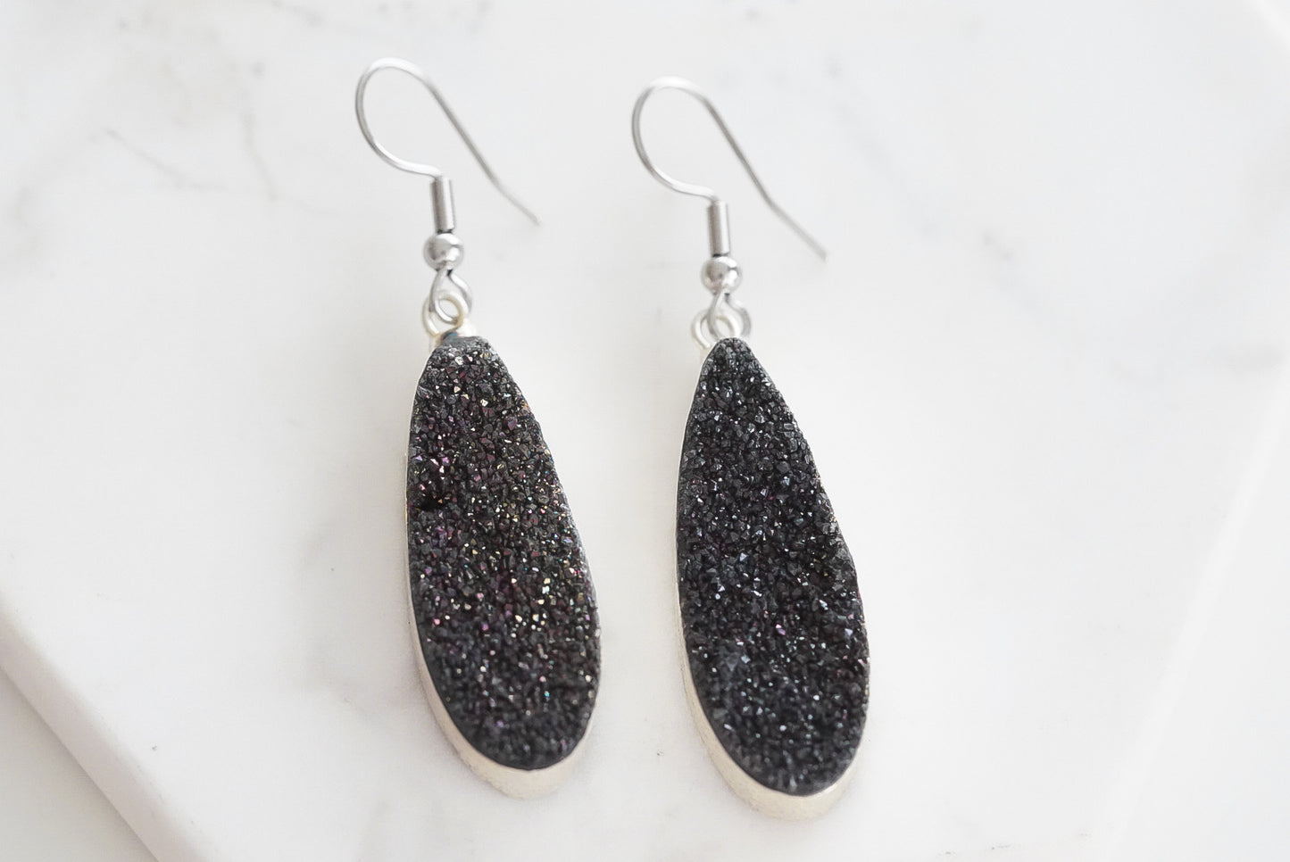 Druzy Collection - Silver Raven Drop Earrings