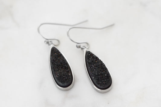 Druzy Collection - Silver Raven Petite Quartz Drop Earrings