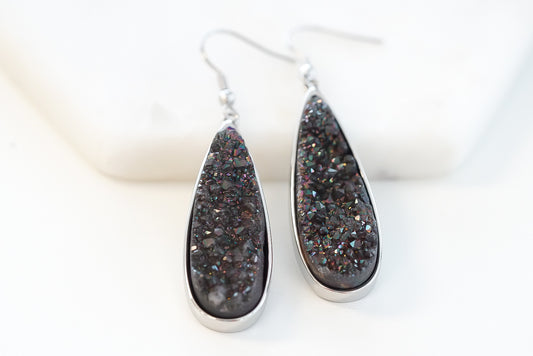 Druzy Collection - Silver Raven Quartz Drop Earrings